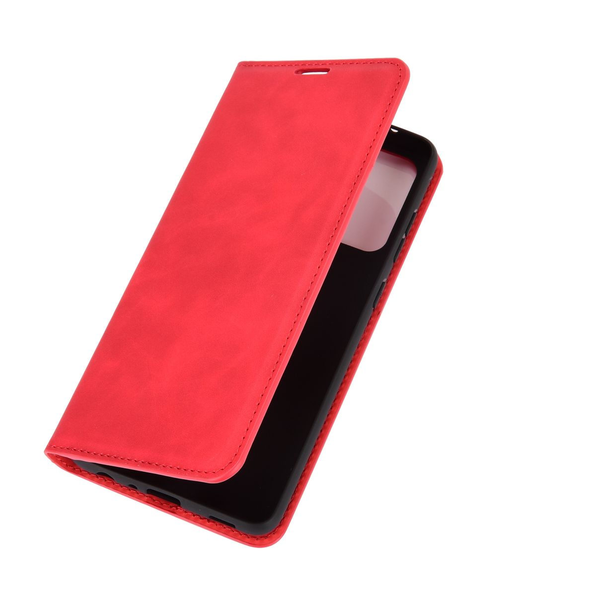 Rote Handyhülle, geöffnet, mit schwarzem Telefon darin.