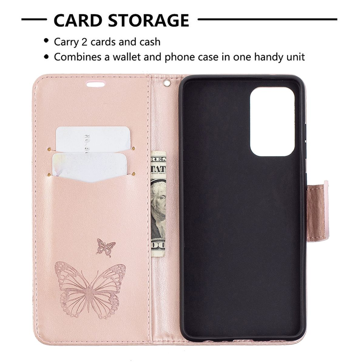 Geöffnete pinke Handyhülle mit Kartenfächern, Geld und Telefon. Schmetterlingsdesign.