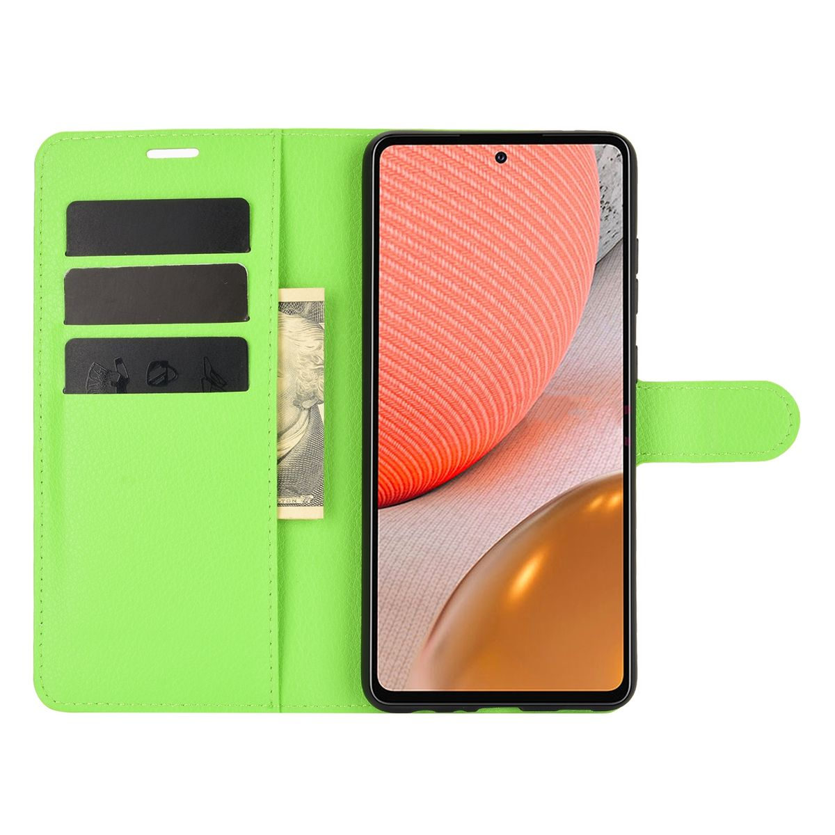 Grüne Handyhülle mit Kartenfächern und einem Dollarschein. Ein Telefon ist im Etui.