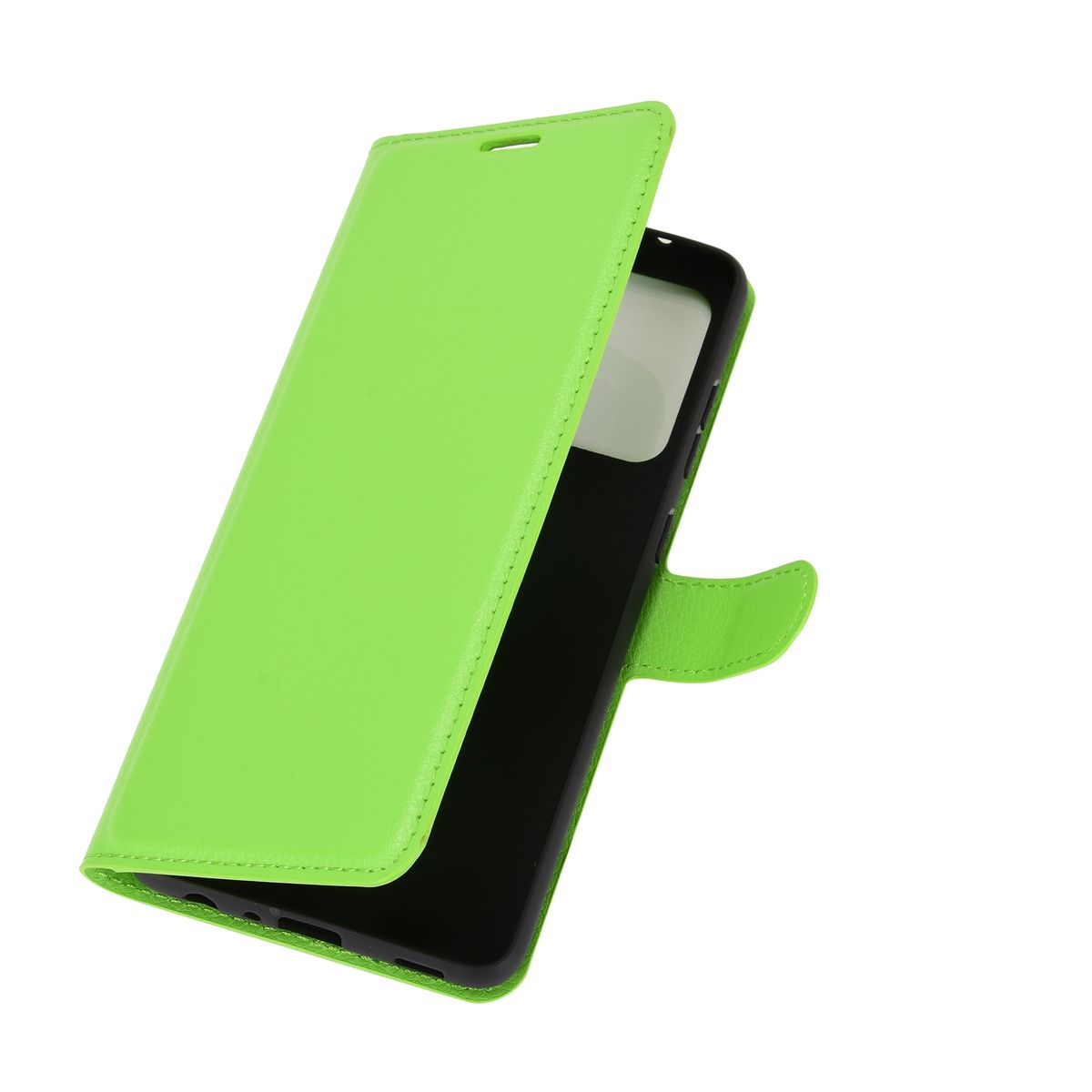 Grüne Leder-Handyhülle, geöffnet, mit schwarzem Innenraum. Ein Telefon liegt darin. Weißer Hintergrund.