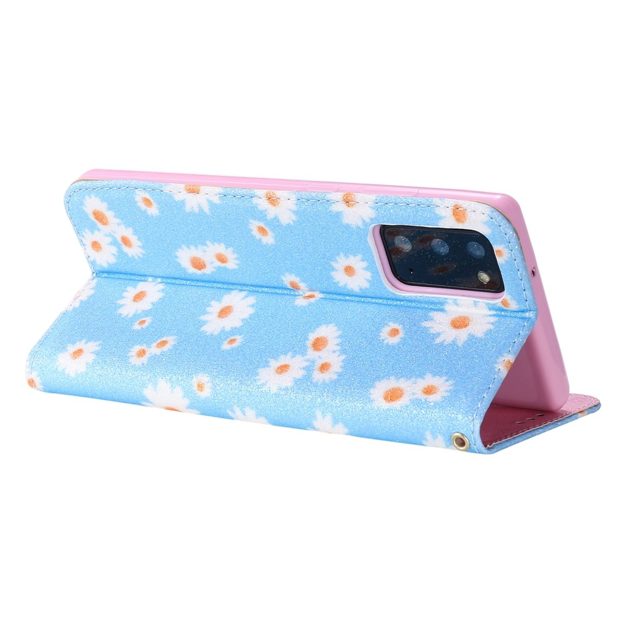 Blaue Handyhülle mit Gänseblümchenmuster, Telefon darin. Rosa Innenraum. Offen zum Aufstellen.