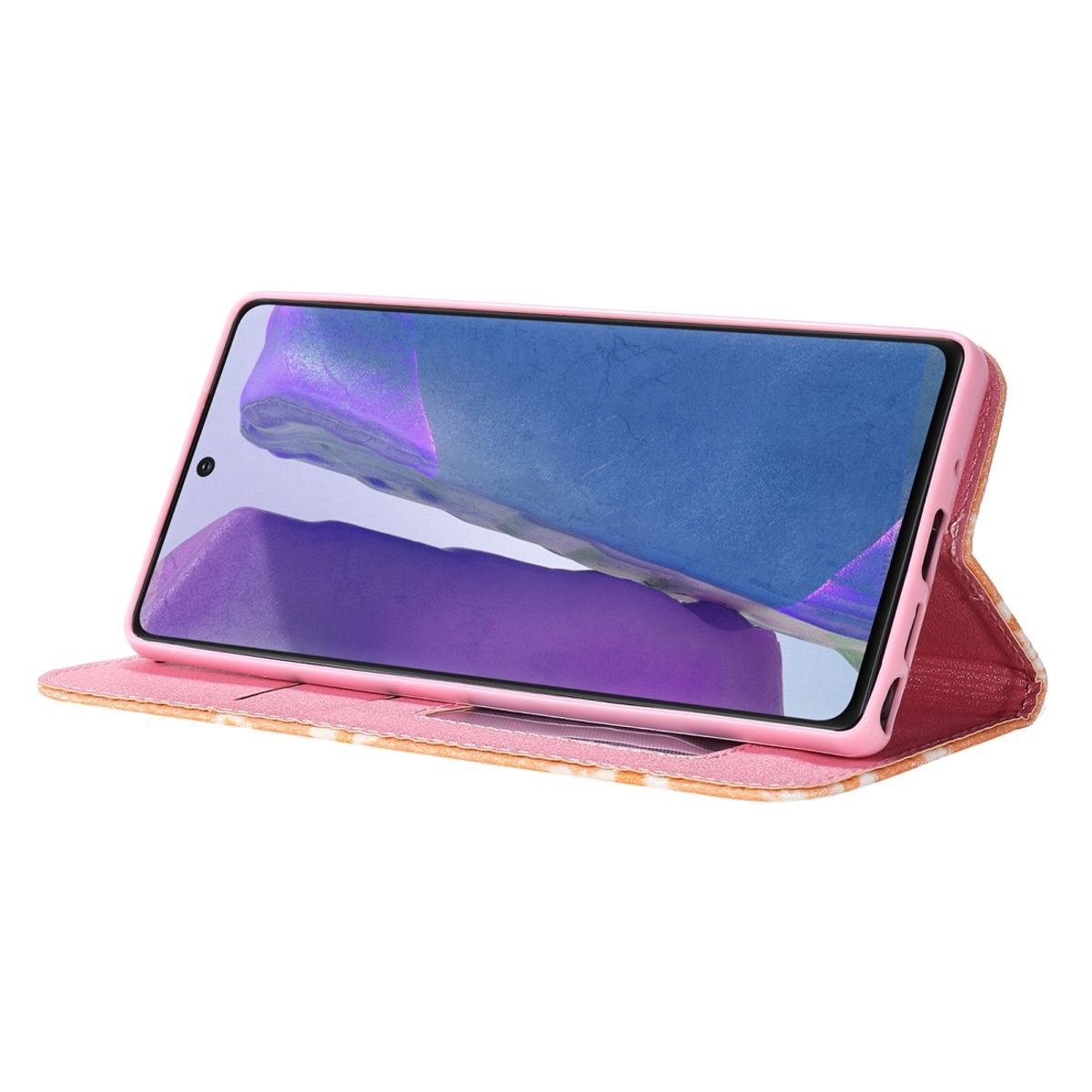 Rosa gemusterte Handyhülle, mit Telefon, das ein blaues und lila Bild anzeigt. Geöffnete Hülle mit dem Telefon im Display.