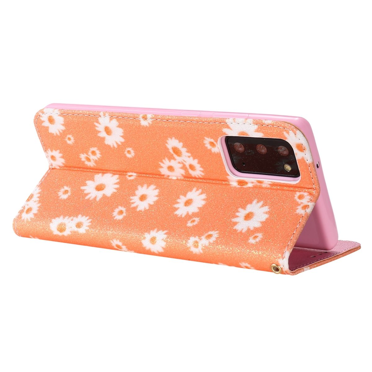 Eine orangefarbene Handyhülle mit Blumenmuster, offen, um das Telefon zu zeigen.