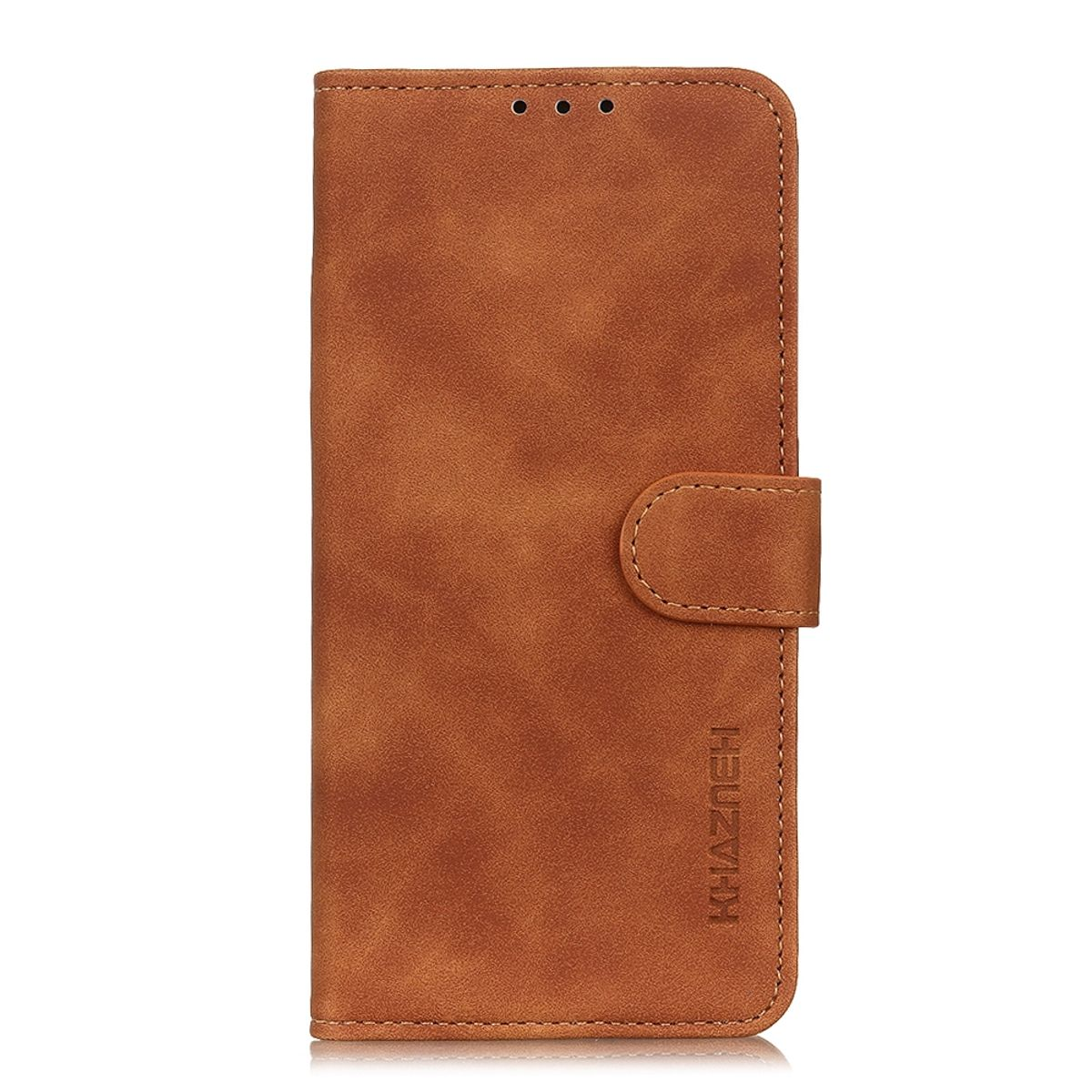 Braune Handyhülle mit Khazneh-Inschrift.
