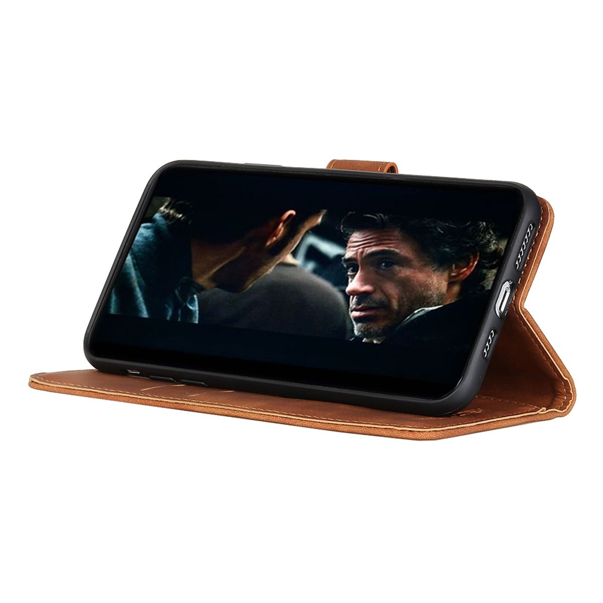 Telefon mit Filmszene, in einer braunen Handyhülle. Die Hülle ist offen.