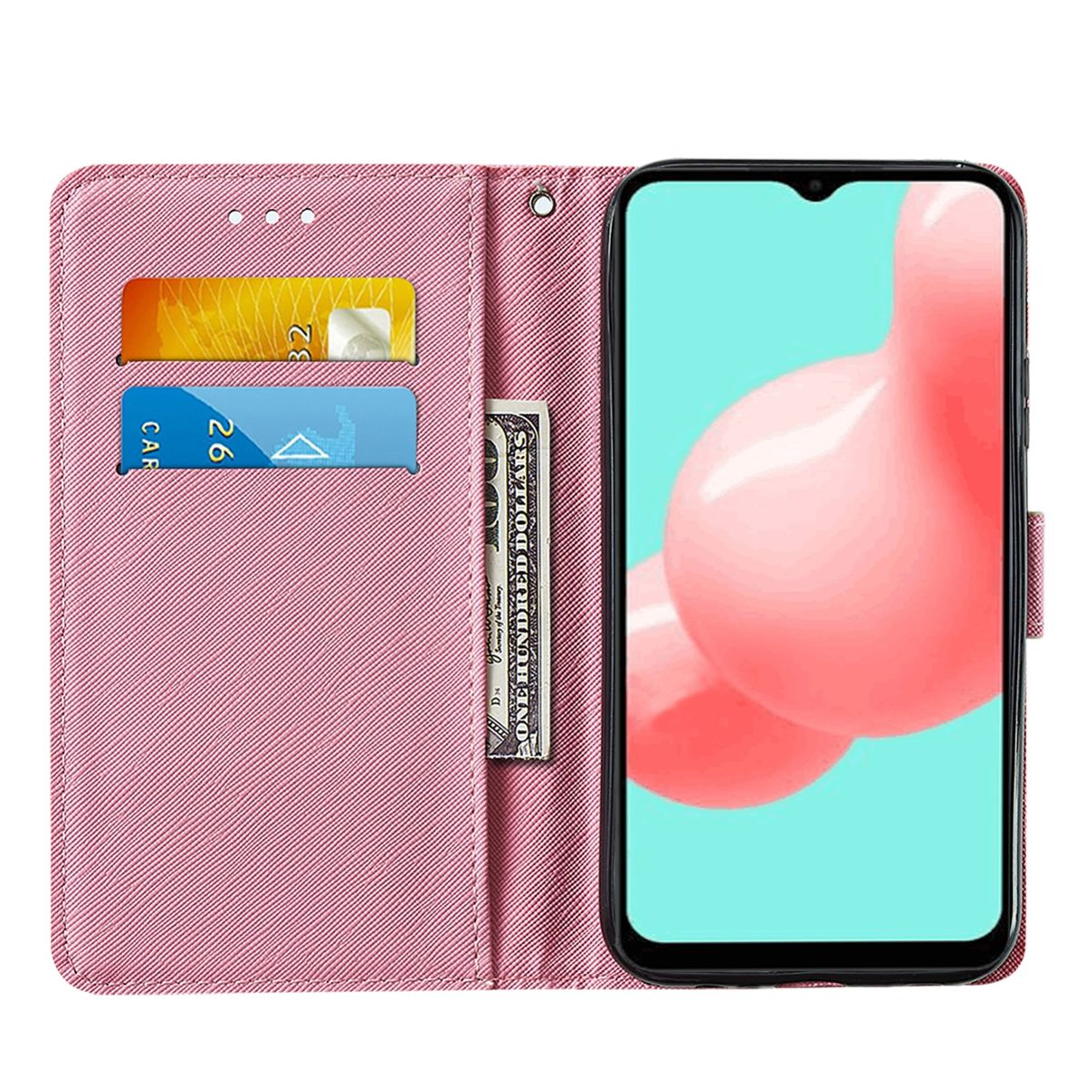 Offene rosa Handyhülle mit Karten, Geld und Telefon. Telefonbildschirm hat rosa Hintergrund.