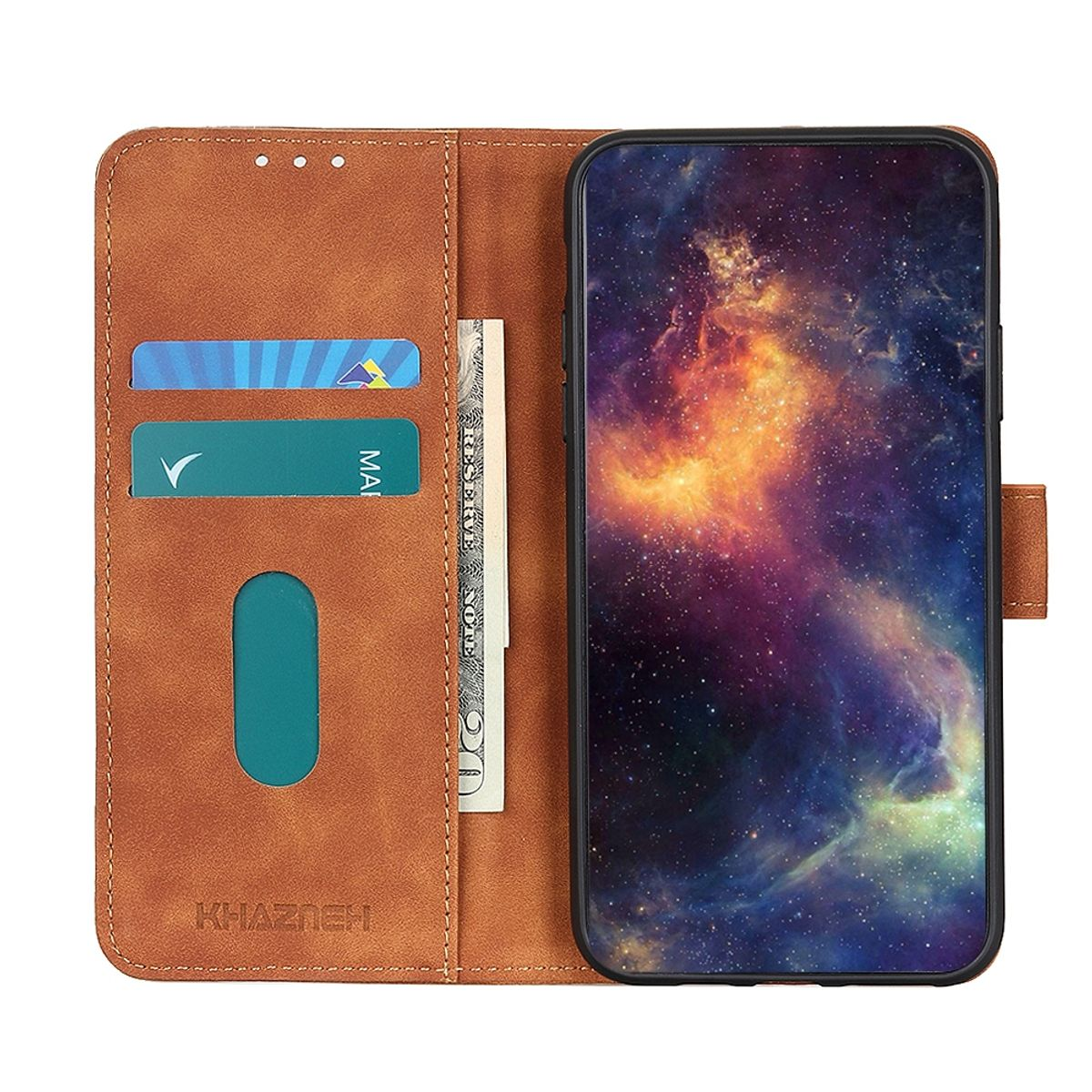 Offene braune Handyhülle mit Karten, Geld und einem Telefon, das ein Galaxienbild zeigt. Khazneh Logo.