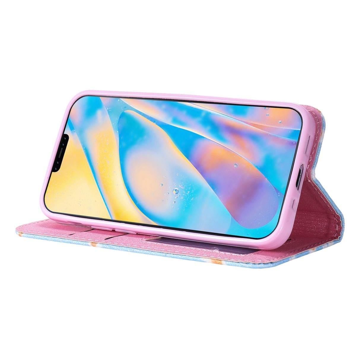 Rosa Handyhülle mit hochgeklapptem Telefon. Schmetterlinge und Blumen Design.