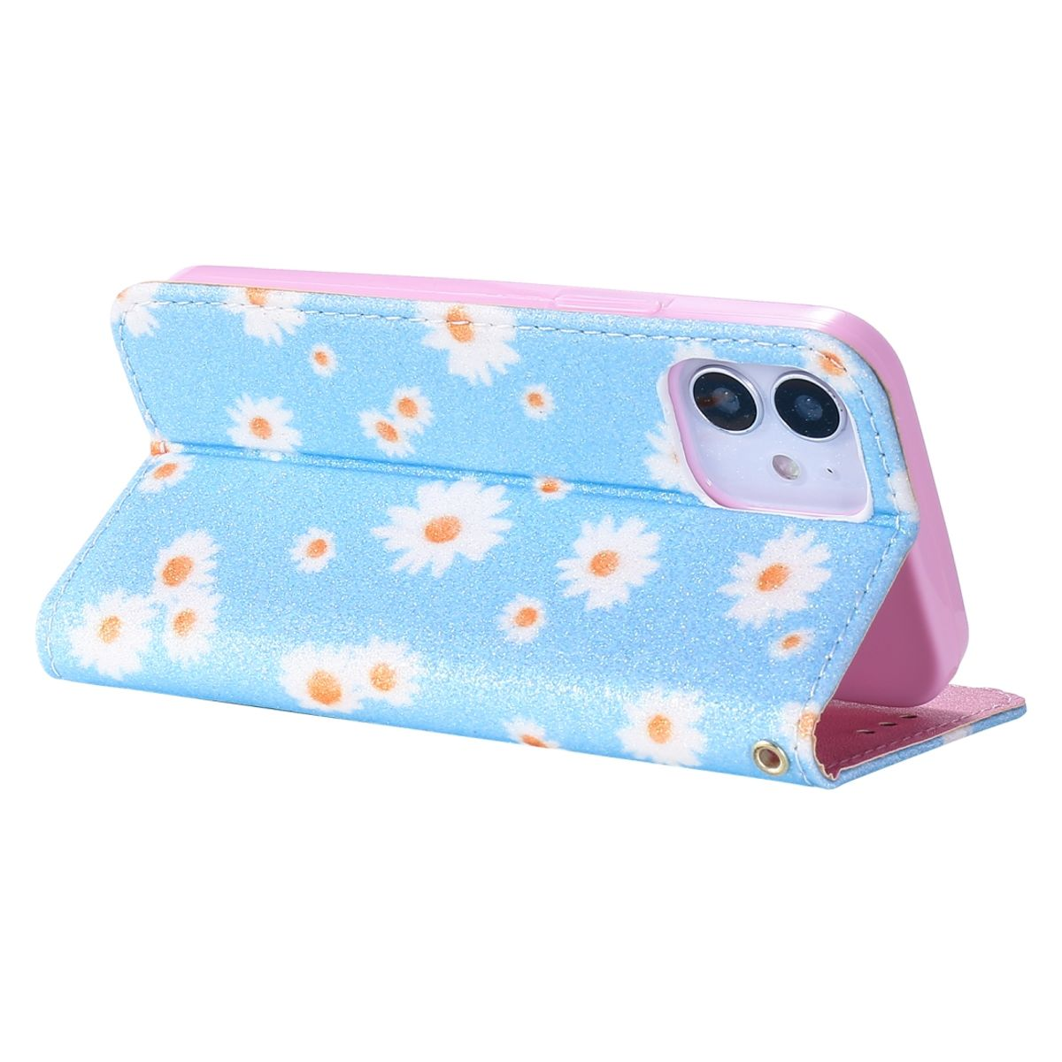 Blaue Handyhülle mit weißen Gänseblümchen und orangefarbenen Zentren, in einem rosa Gehäuse.