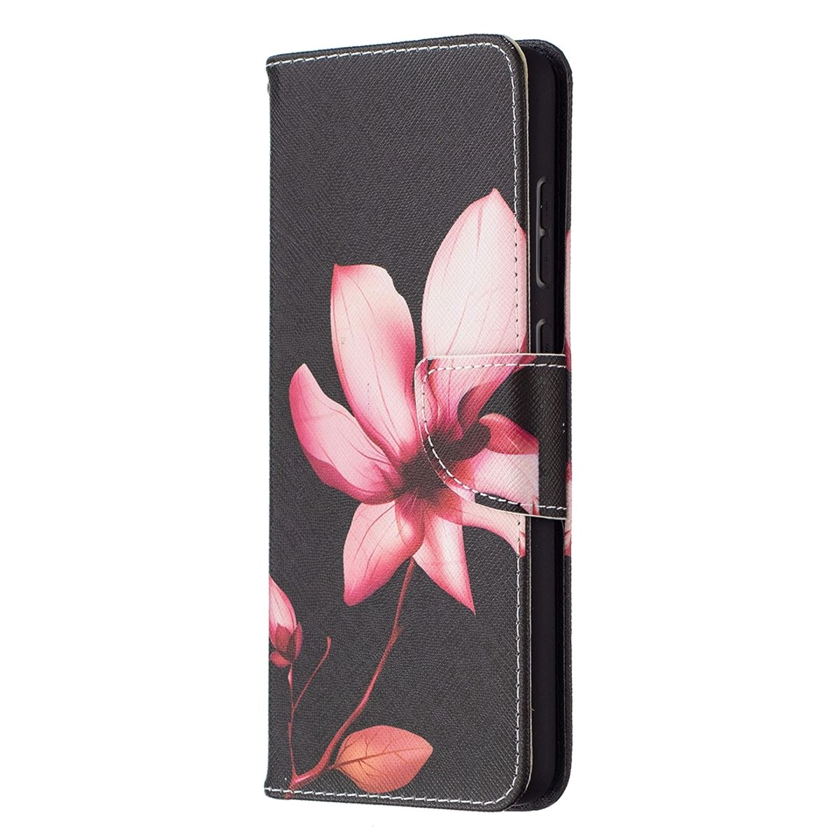 Eine schwarze Handyhülle mit rosa Blumendesign, geschlossen, mit Riemen und weißen Nähten.