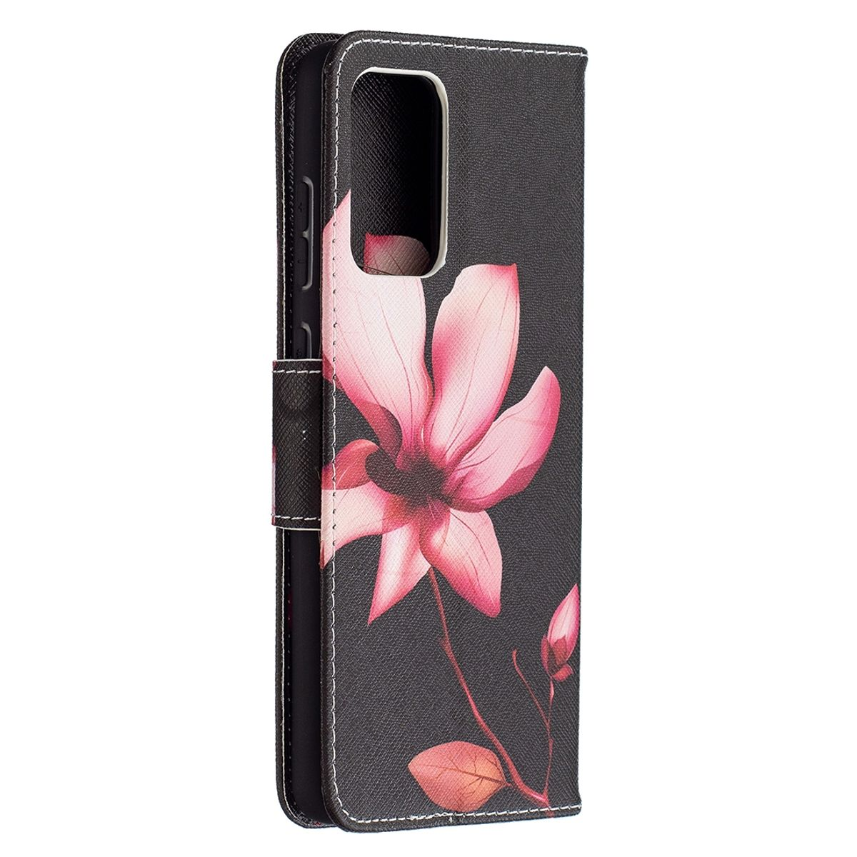 Schwarze Handyhülle mit rosa Blumendesign, geschlossen.