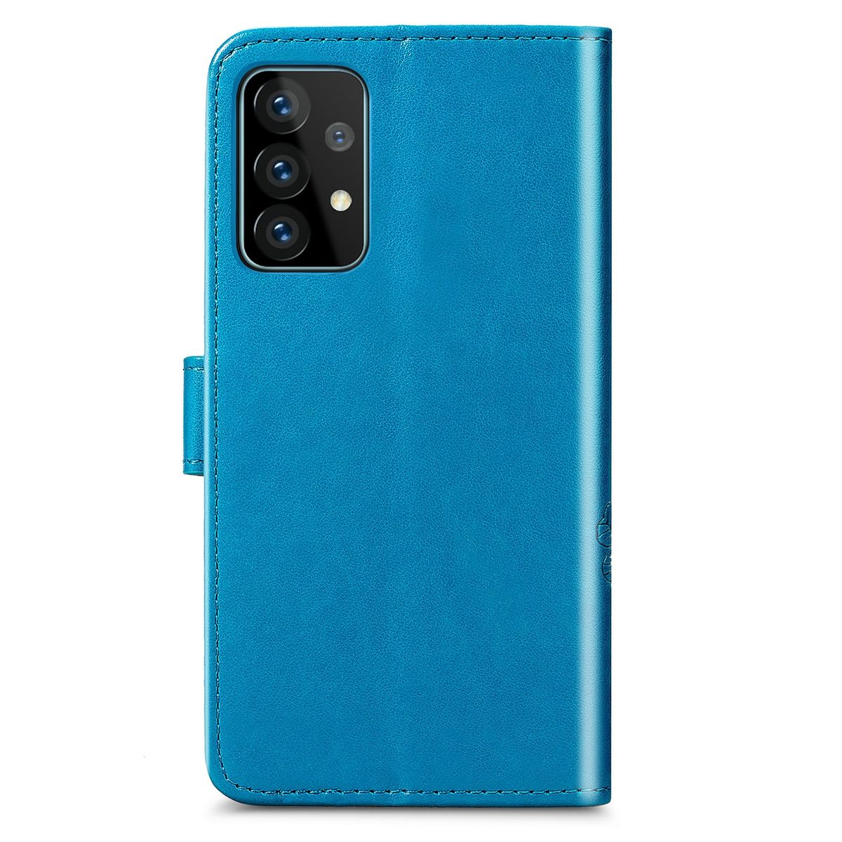 Blaue Handyhülle. Die Rückseite der Handyhülle hat die Kamera und die Frontabdeckung ist geschlossen.