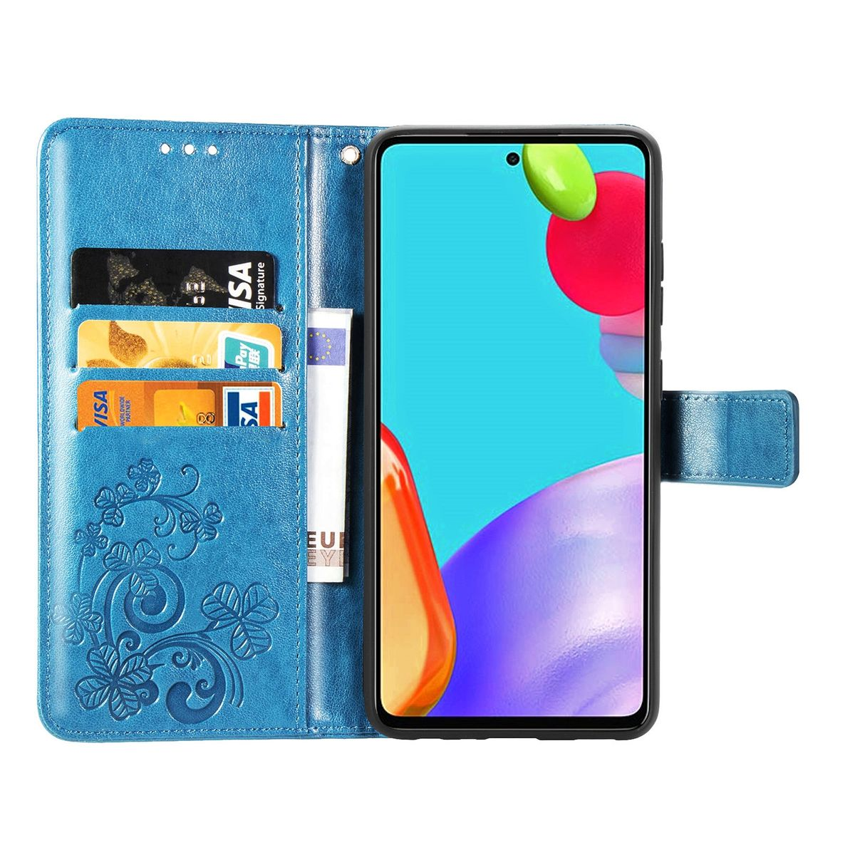 Eine blaue Handyhülle ist geöffnet und zeigt ein Telefon, Karten und Geld.