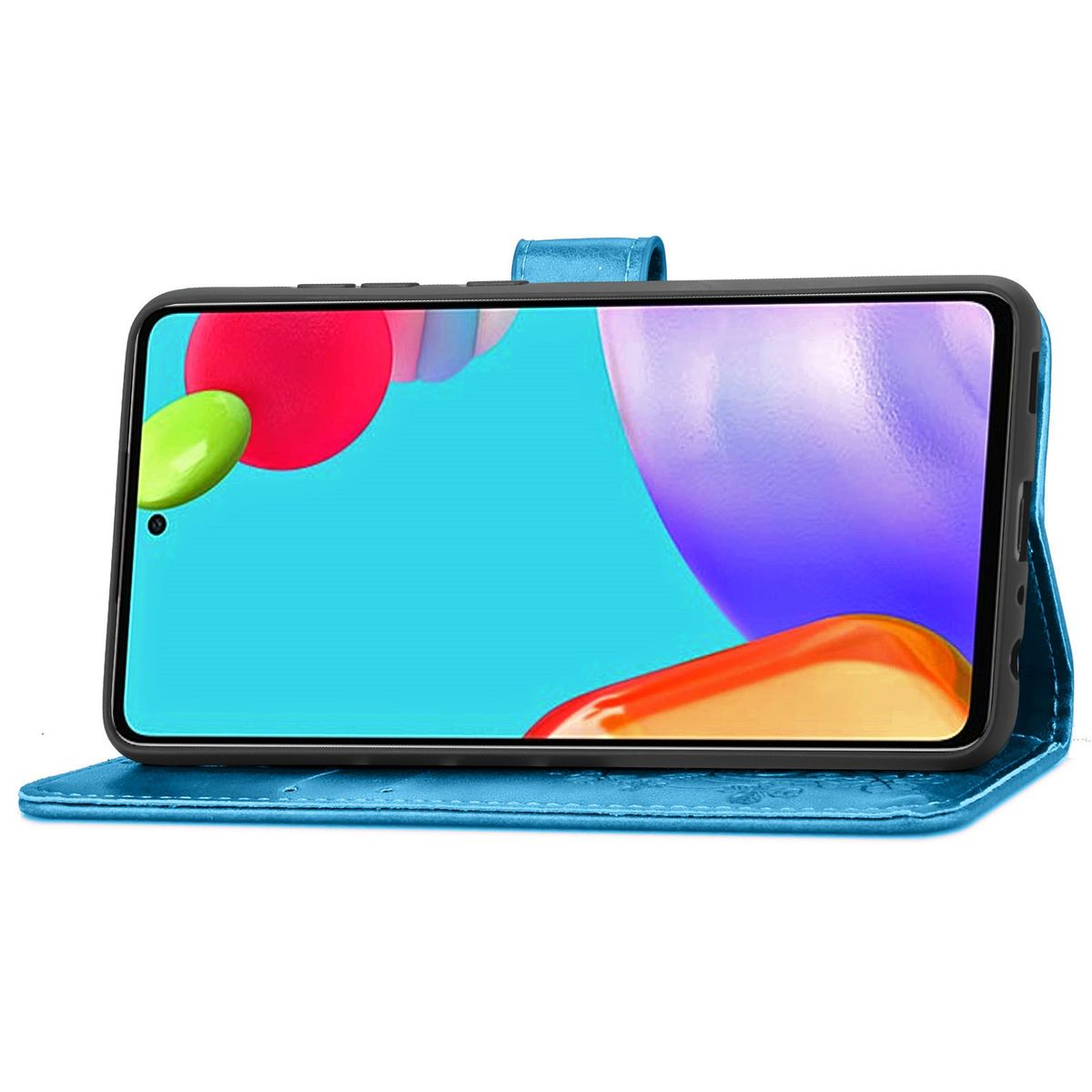 Blaue Handyhülle, offen, mit Telefon darin. Telefonbildschirm sichtbar. Blauer Hintergrund.