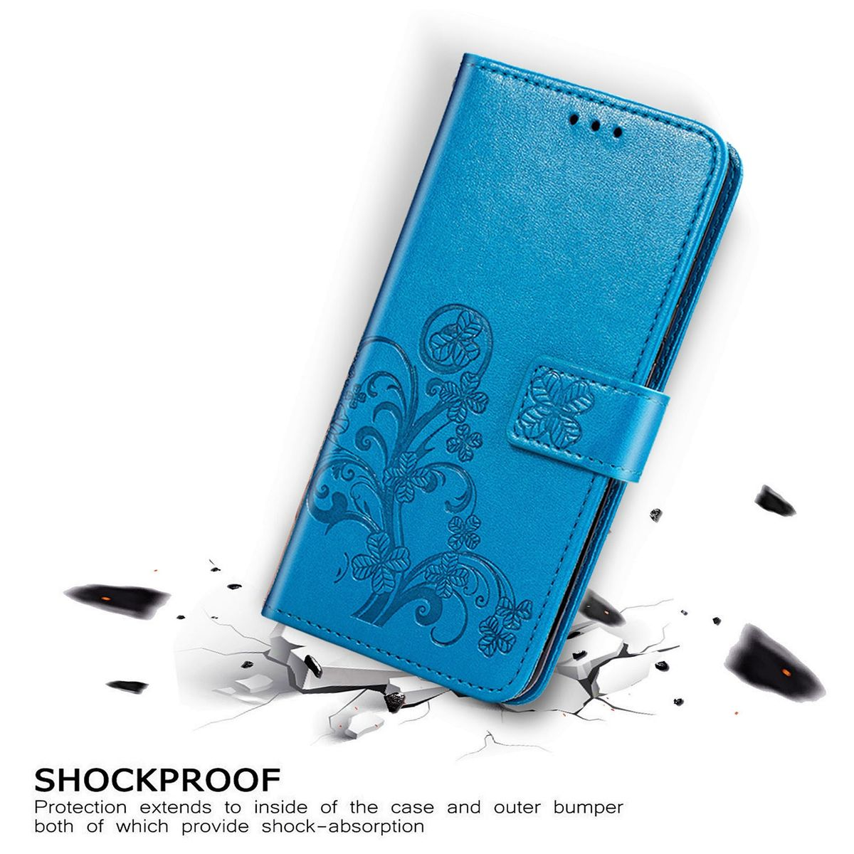 Blaue Handyhülle mit floralem Design, Risseffekt und stoßfestem Text.