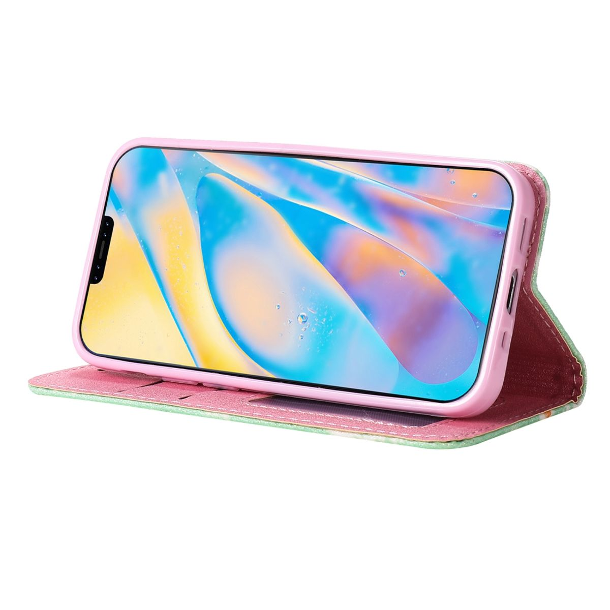 Telefon in pinkfarbenem Case, offen. Das Case hat Blumendesign. Grün-pinker Hintergrund.