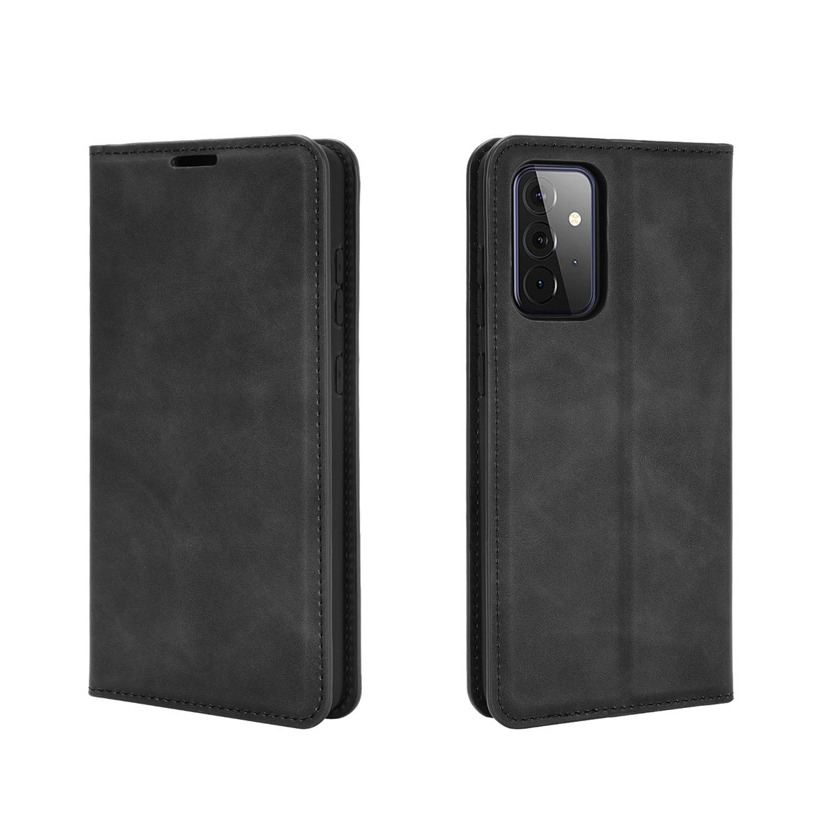 Schwarze Handyhülle, geschlossen, mit Telefon darin. Dunkler Hintergrund. Zwei Ansichten der Hülle.