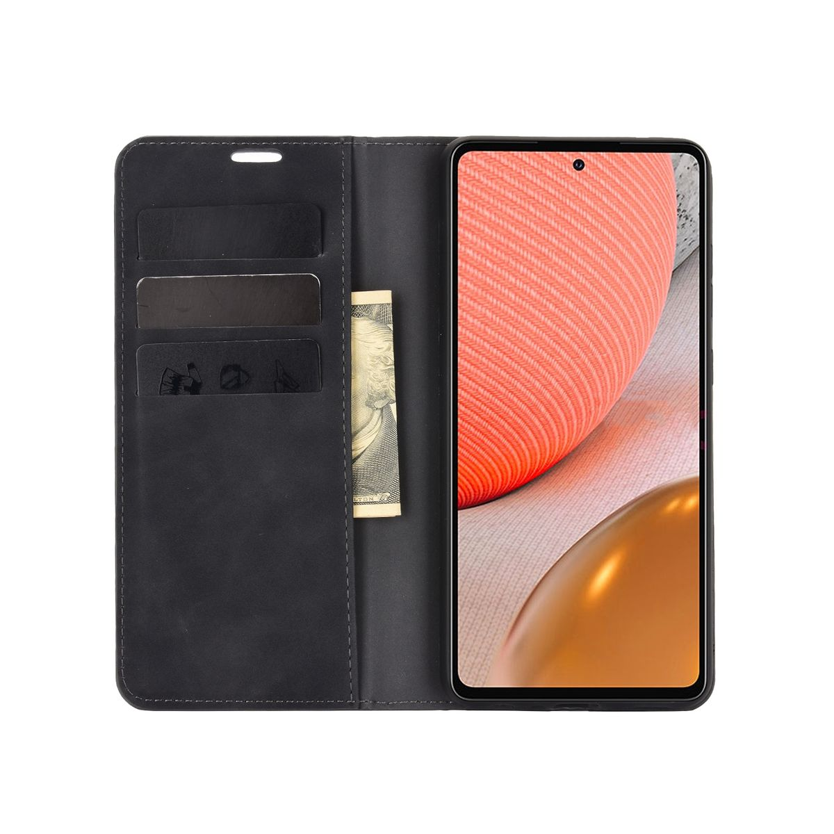 Schwarze Handyhülle mit einem Telefon, zwei Karten und einem Dollarnoten im Inneren. Weißer Hintergrund.