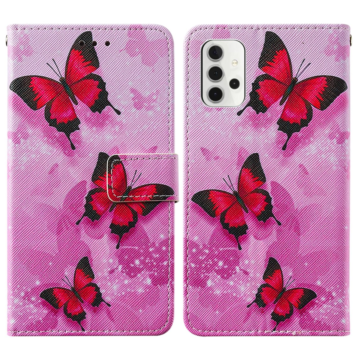 Rosa Handyhülle mit roten Schmetterlingen. Links geschlossen. Telefonbildschirm rechts.