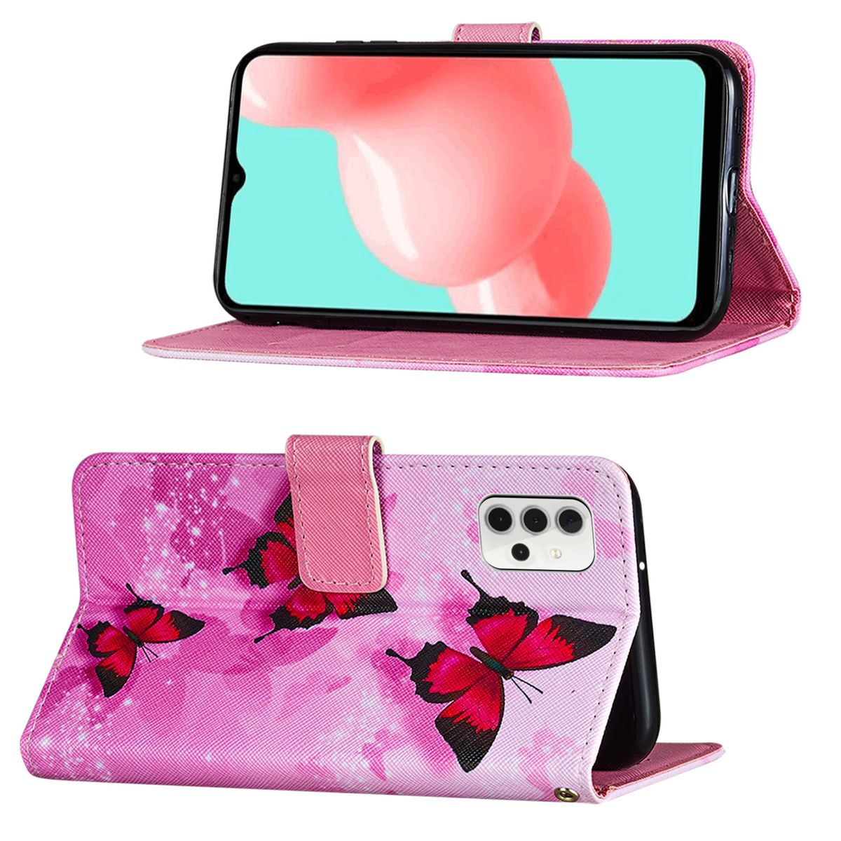 Eine rosa Handyhülle mit Schmetterlingen. Ein Telefon wird angezeigt und zeigt einen rosa Hintergrund.
