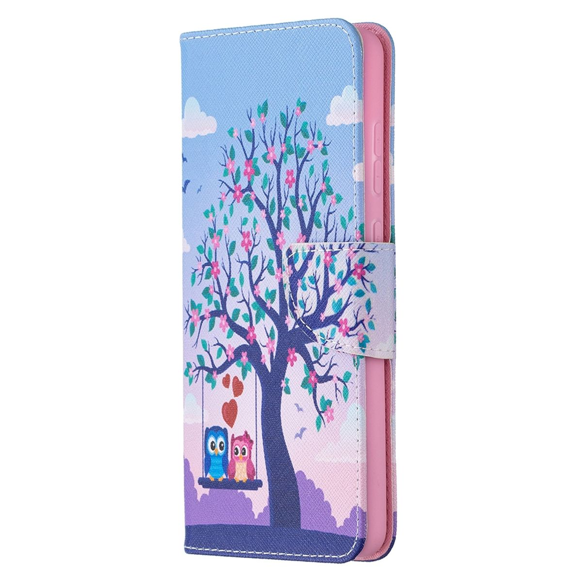Handyhülle mit Eulen und Baum. Das Telefon ist innen, Bildschirm sichtbar.