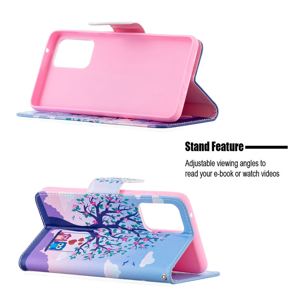 Geöffnete Handyhülle mit Telefon, rosa Cover mit Baum und Eule.