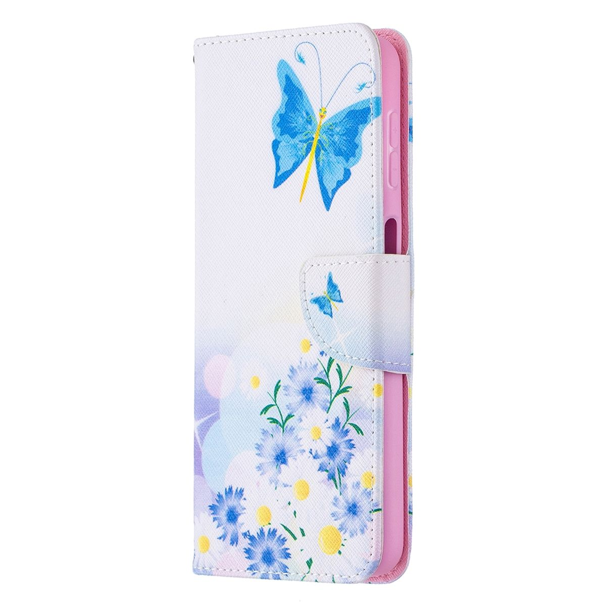 Weiße Handyhülle mit blauen Blumen und einem blauen Schmetterling, mit rosa Innenraum und Riemen.