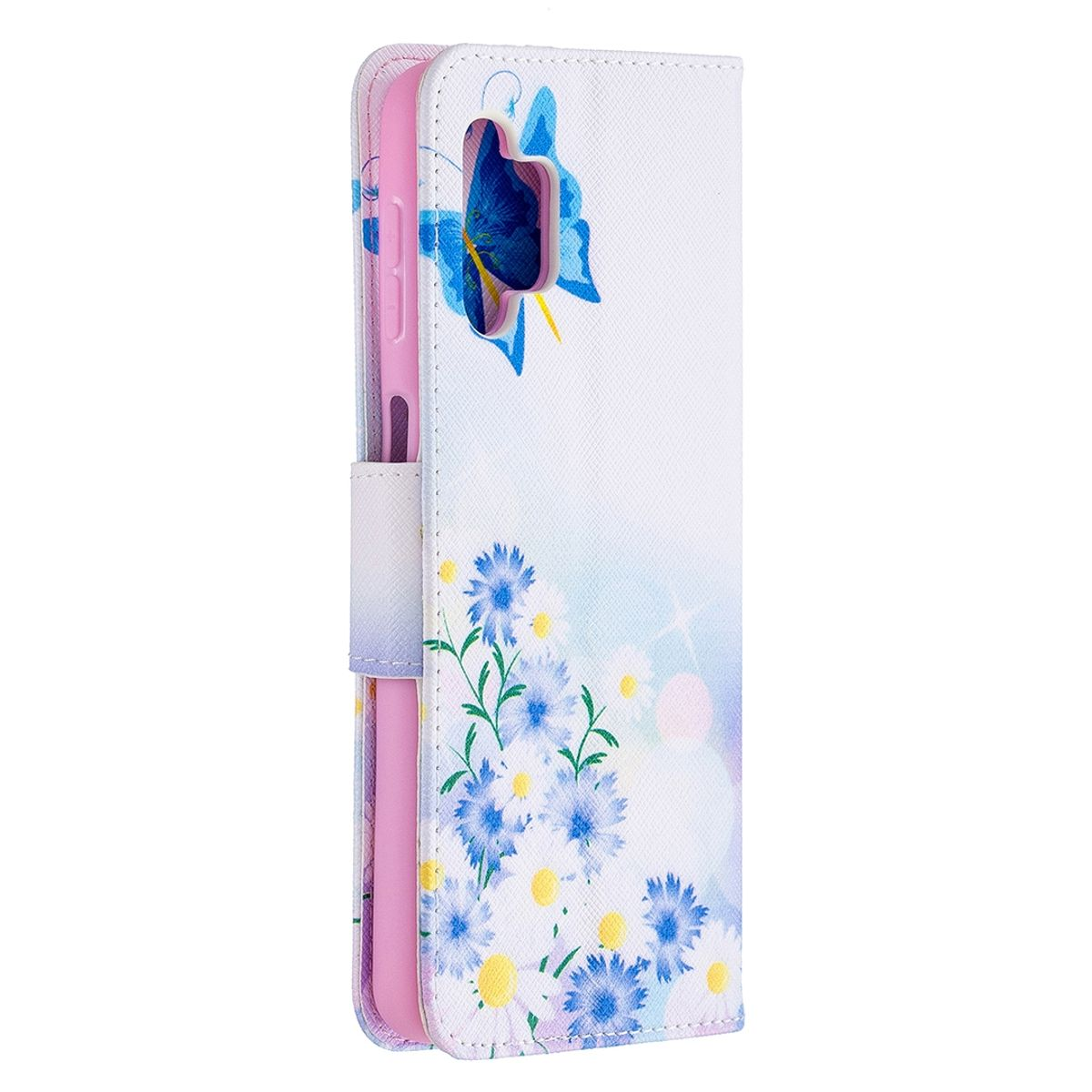 Weiße Handyhülle mit blauem Blumen- und Schmetterlingsdesign. Telefon ist rosa.