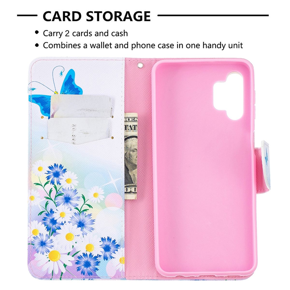 Geöffnete Handyhülle mit Karten, Bargeld und einem Telefon. Mit Schmetterling und Blumen verziert.
