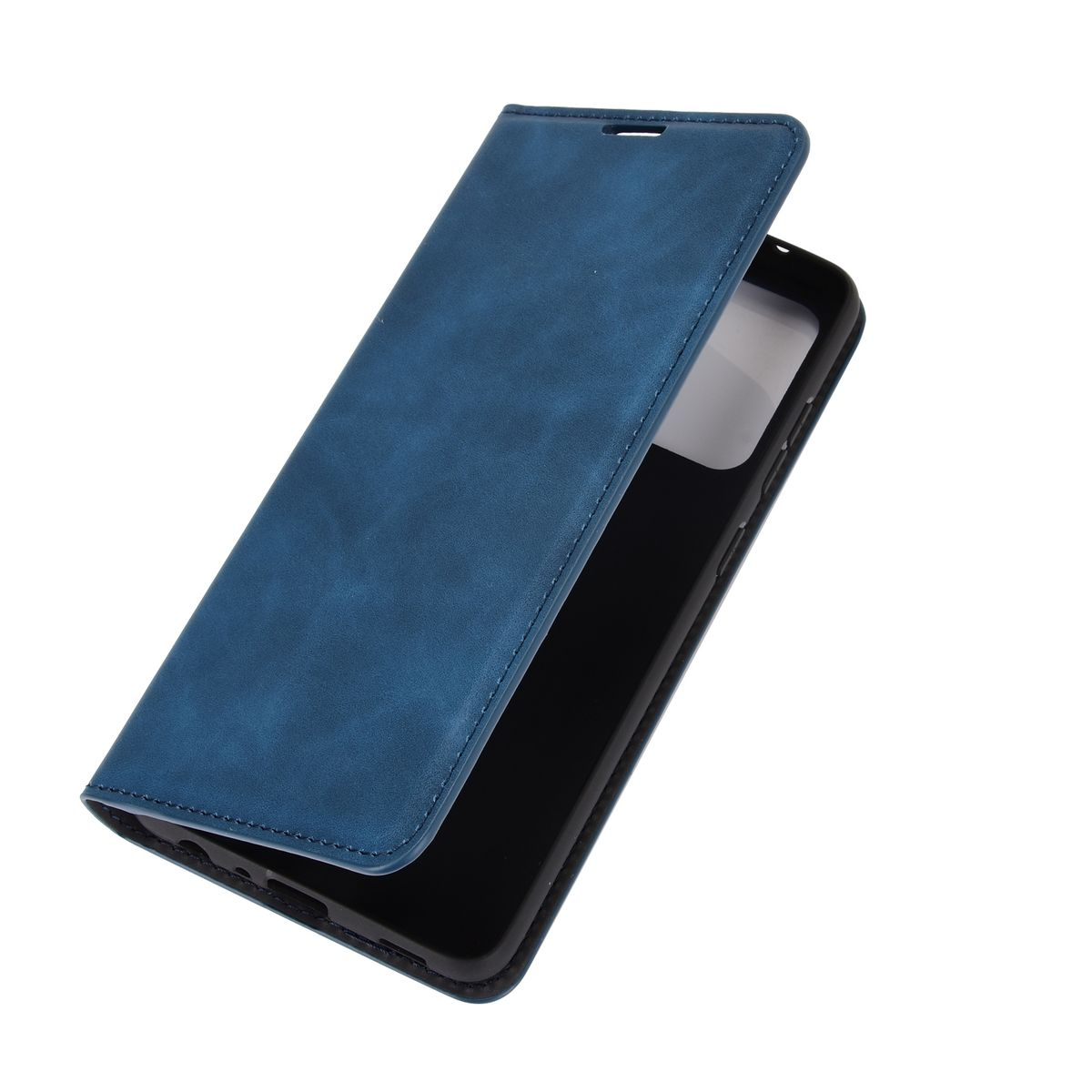 Offene blaue Leder-Handyhülle. Schwarzes Telefon im Inneren.
