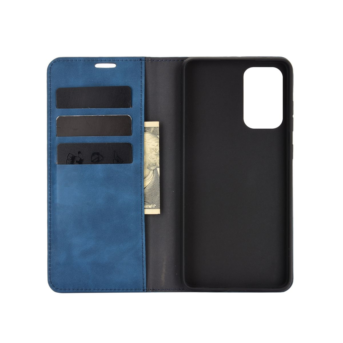 Blaue und schwarze Handyhülle mit Kartenfächern und Geldfach. Die Innenseite ist schwarz.