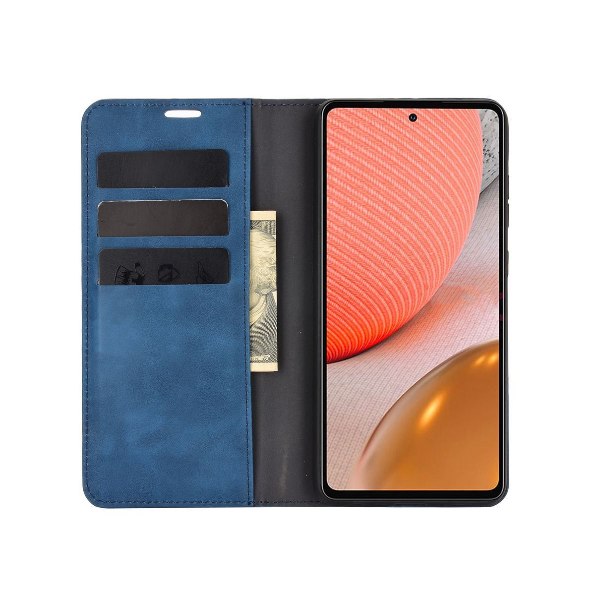 Blaue Handyhülle, mit Handy und Karten, geöffnet. Der Bildschirm ist sichtbar. Die Hülle ist blau.