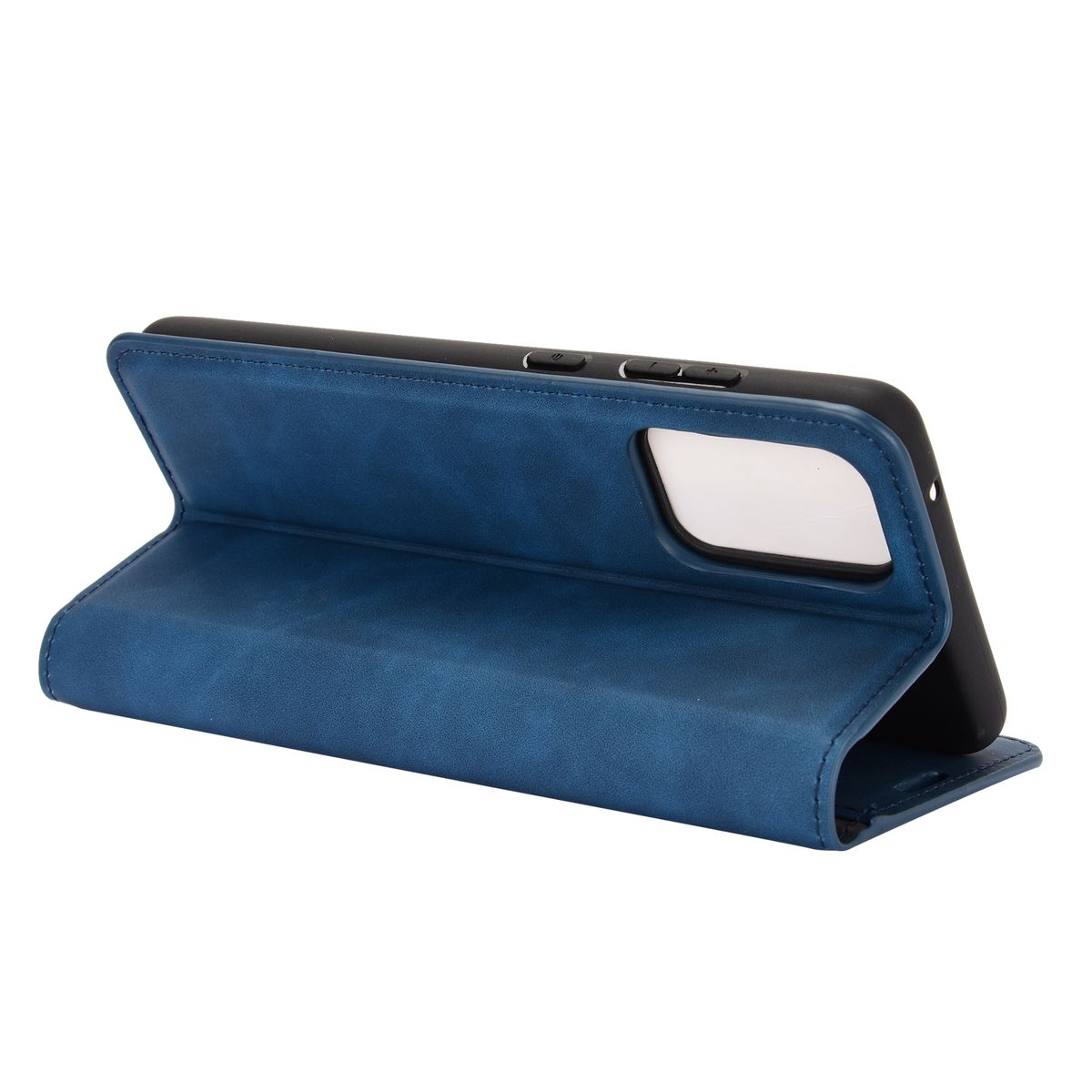 Blaue Handyhülle, geöffnet, mit dem Telefon im Inneren. Die Hülle hat eine einfarbige blaue Farbe.