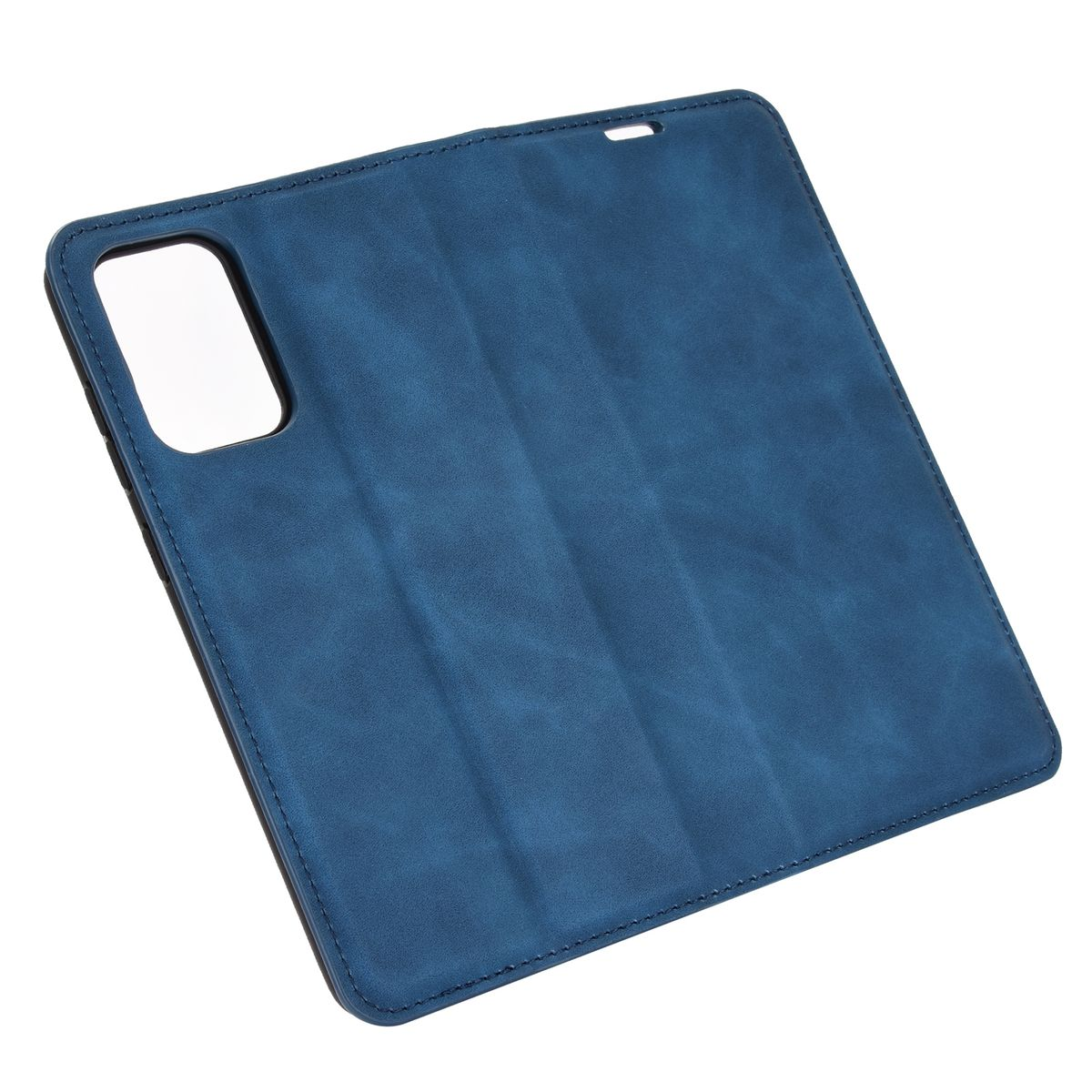 Blaue Handyhülle, geschlossen. Dunkelblaue Farbe. Weißer Hintergrund.
