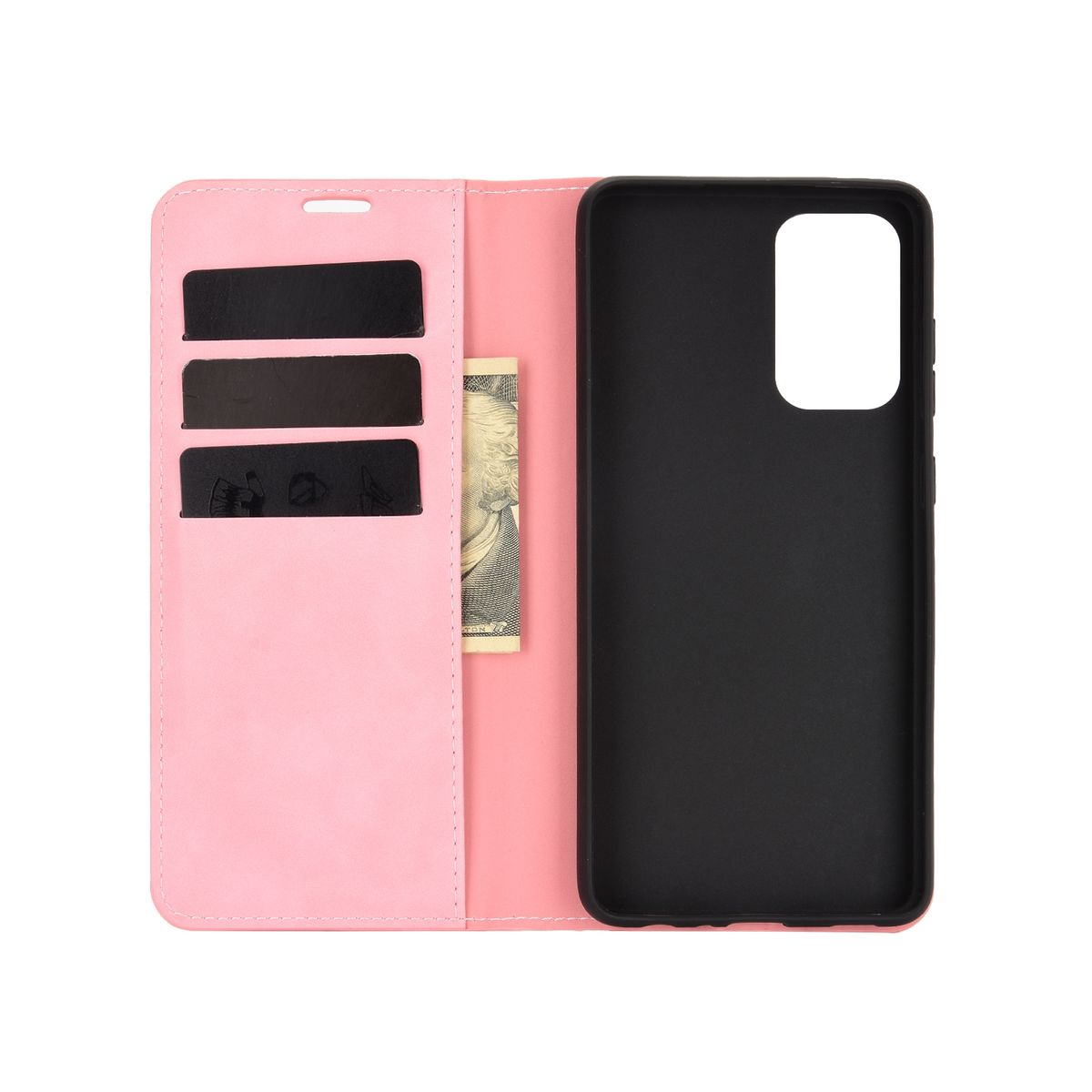 Offene, rosa Handyhülle mit Telefon und Kartenfächern. Telefon rechts, Karten und Dollarnote in den linken Schlitzen.