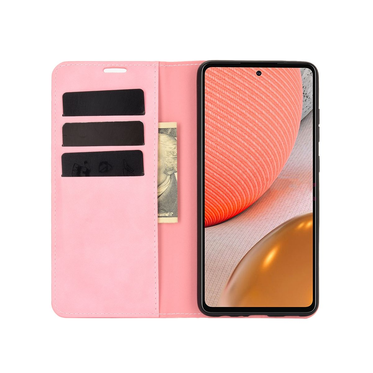 Rosa Handyhülle offen. Telefon ist drin, mit Karten und Bargeld in Schlitzen. Weißer Hintergrund.