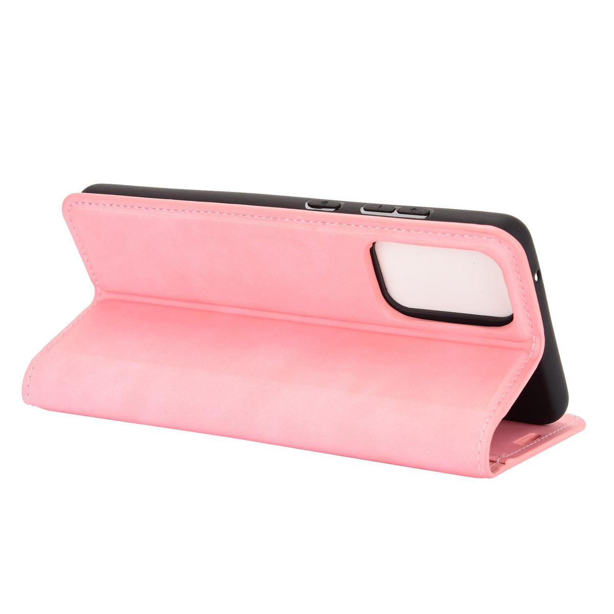 Pinkfarbene Handyhülle, geöffnet. Telefon ist innen. Schwarzer Rahmen, Telefon sichtbar.