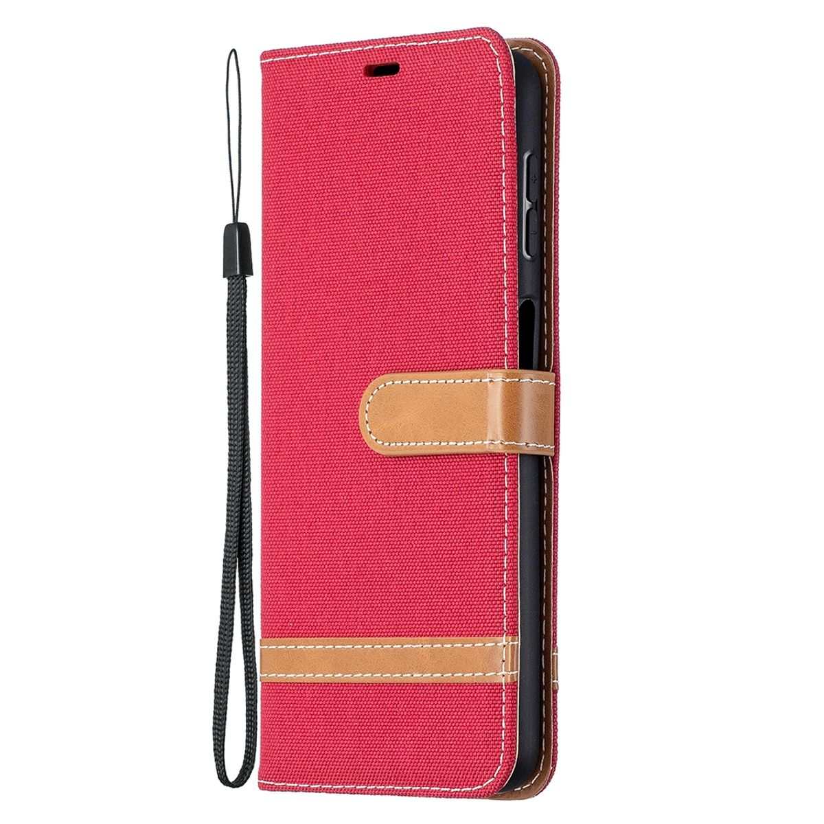 Rote Handyhülle mit braunem Streifen und schwarzem Riemen. Offen, das Telefon ist drin.