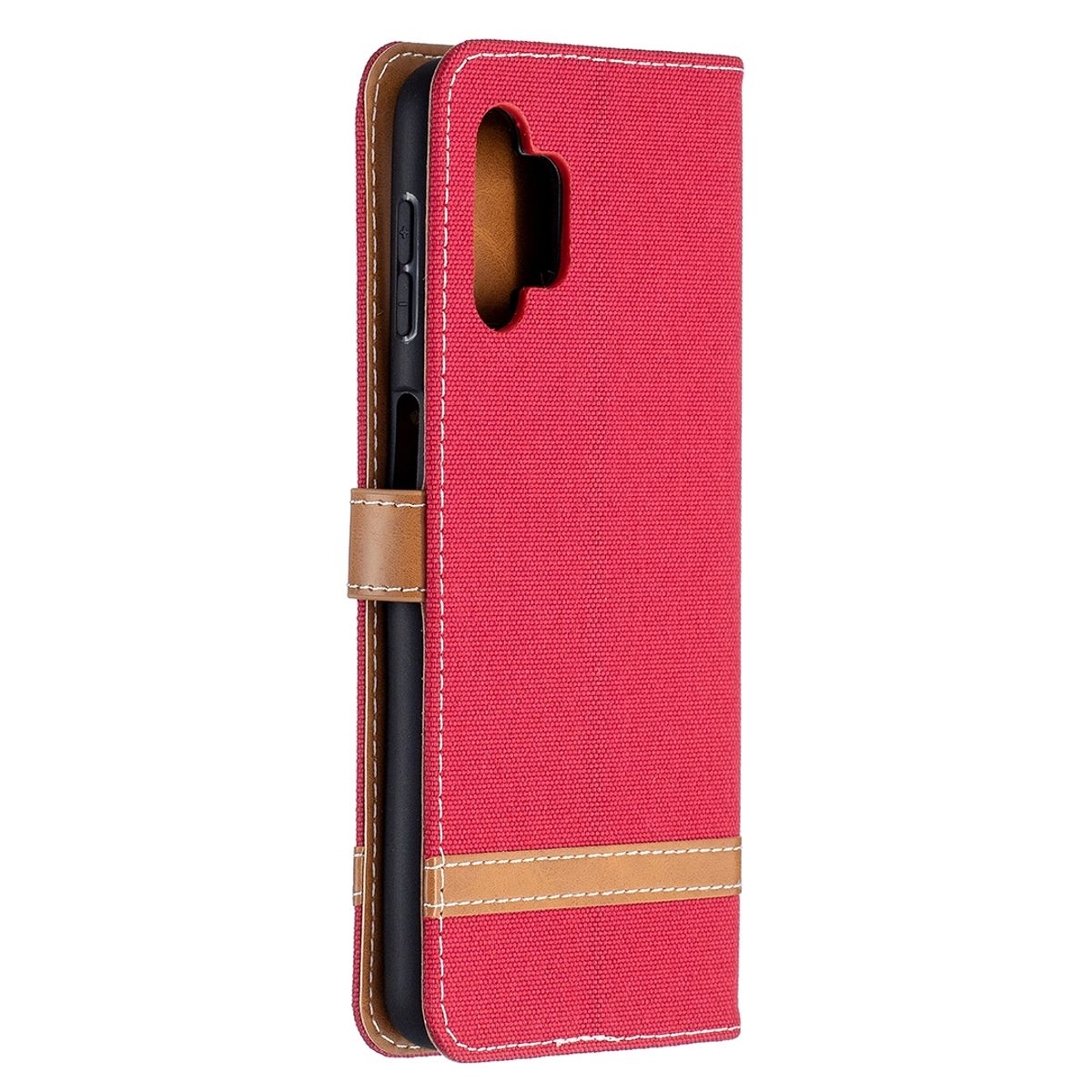 Rote Handyhülle mit braunem Riemen. Das Telefon befindet sich auf der linken Seite. Weiße Nähte.