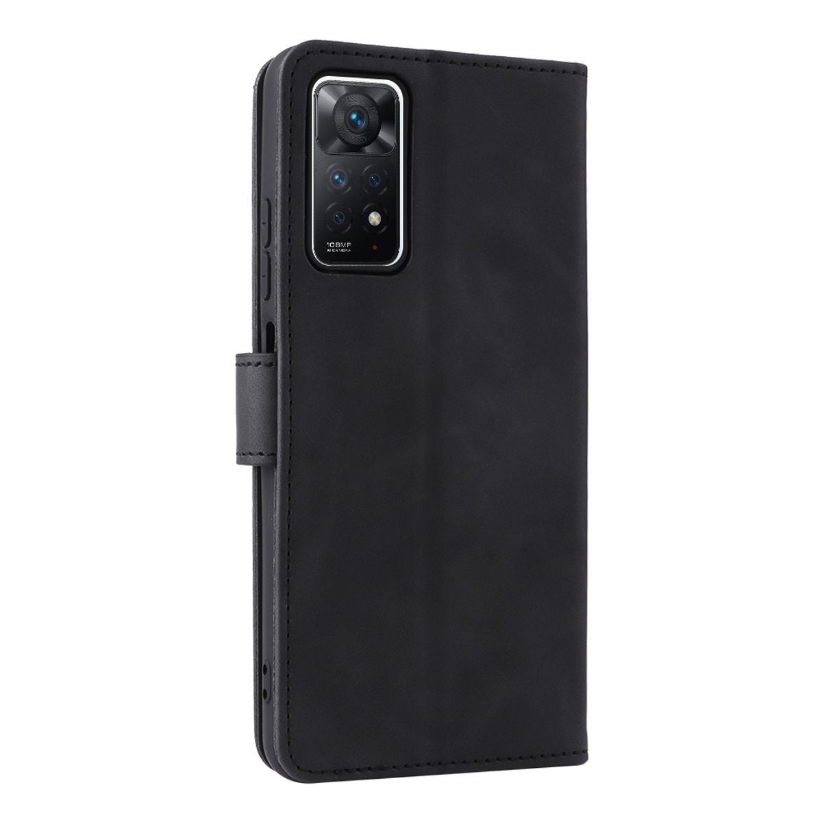 Schwarze Handyhülle mit einem schwarzen Telefon darin. Geschlossen und aufrecht.