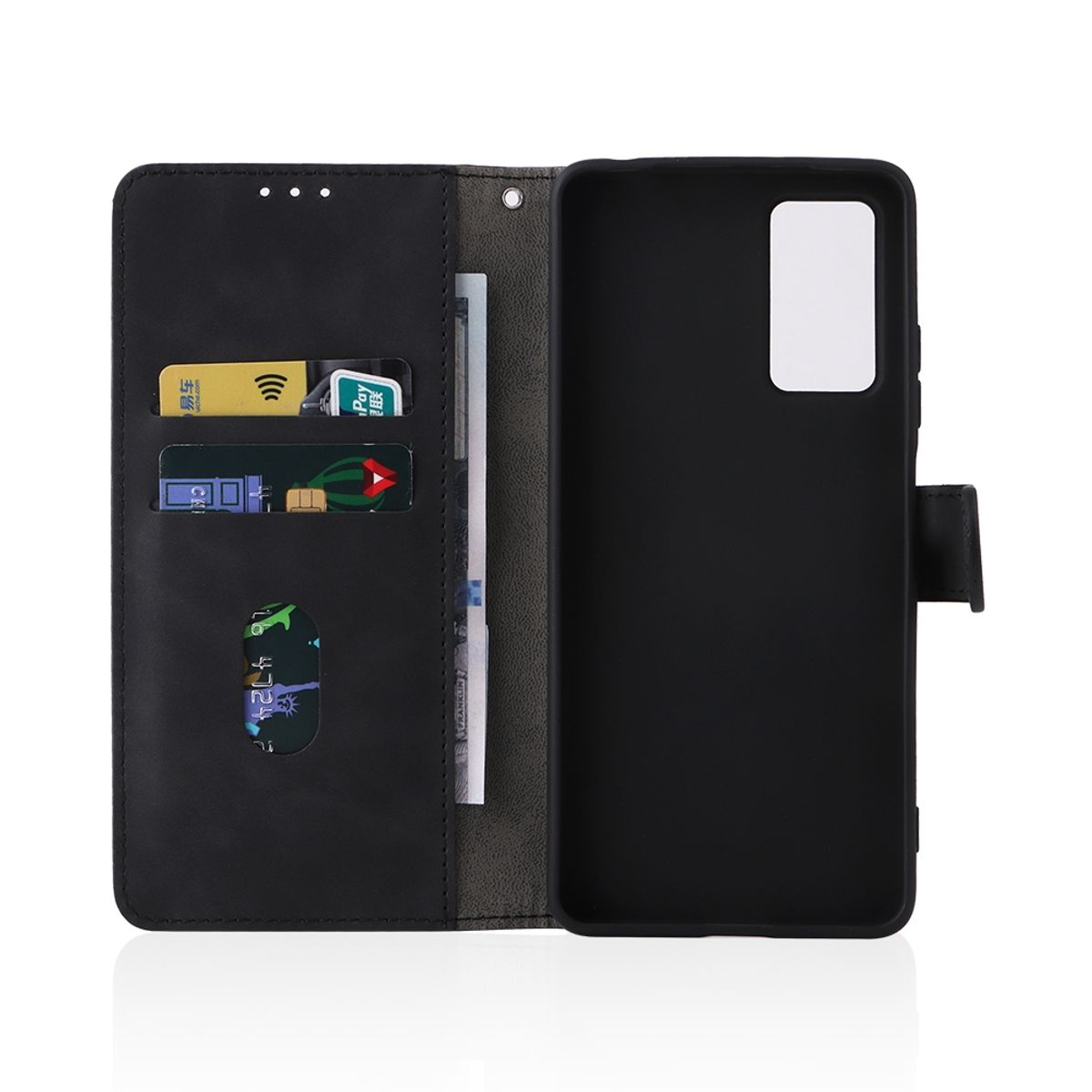 Eine schwarze Handyhülle mit Karten und Geld darin. Das Telefon ist sichtbar.