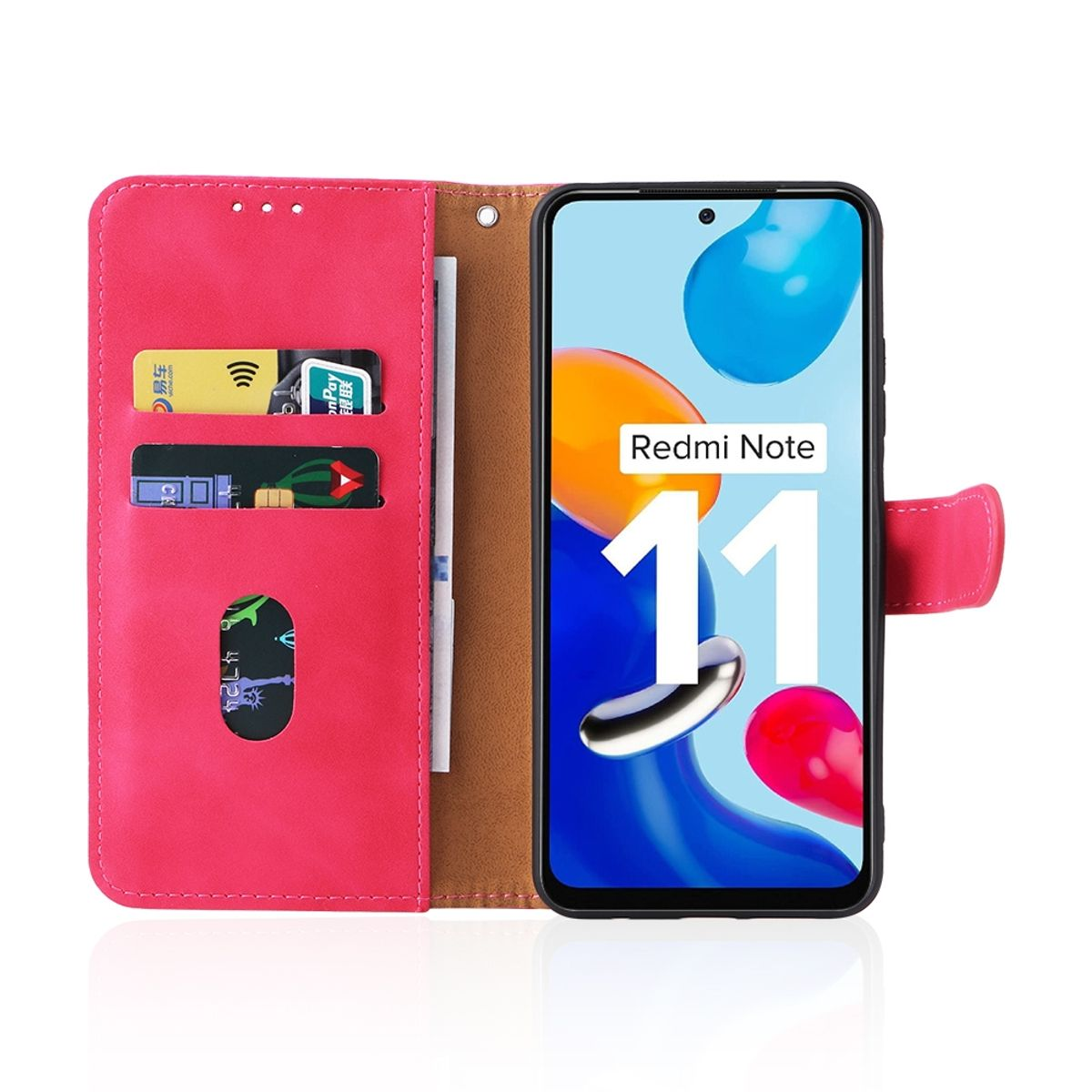Rosa Handyhülle mit Telefon, auf dem Redmi Note 11 steht. Zeigt Karten und Bargeld. Hintergrund ist weiß.