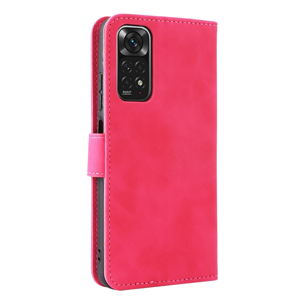 Rote Handyhülle, offen. Telefon sitzt darin. Kamera auf der Rückseite. Rotes Leder. Weißer Hintergrund.