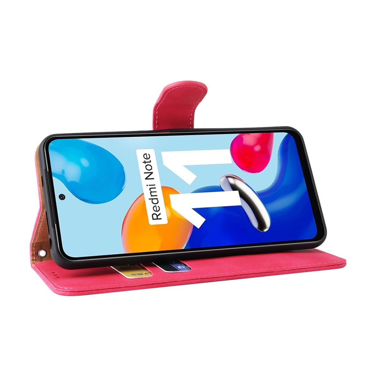 Offene pinkfarbene Handyhülle, mit einem Telefon, das ein Bild zeigt. Das Telefon ist ein Redmi Note.
