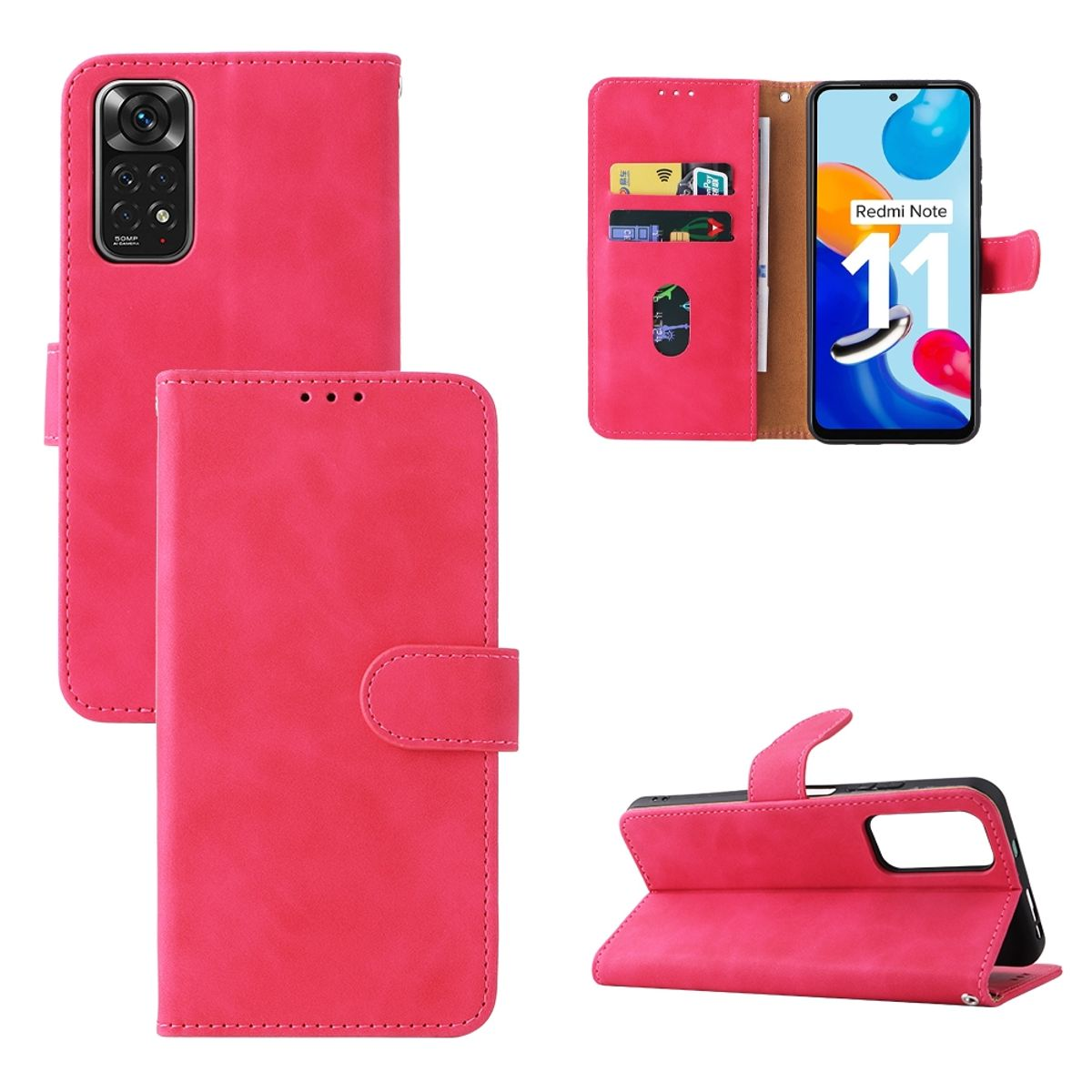 Eine pinke Handyhülle ist geöffnet und geschlossen zu sehen, mit einem Handy darin. Es gibt Kartenfächer und einen Knopfverschluss.