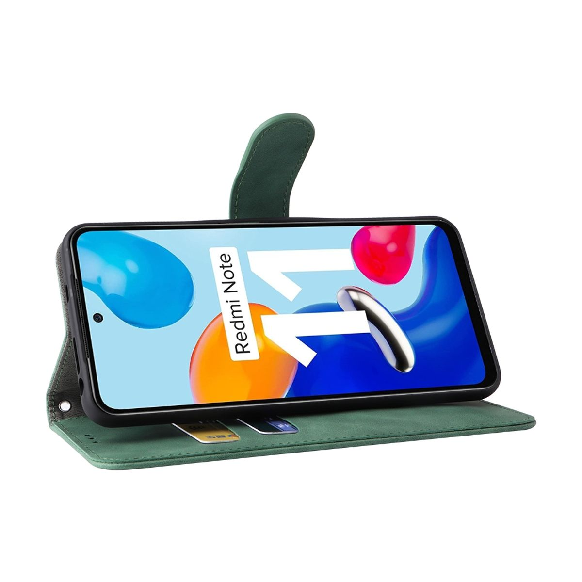 Eine grüne Handyhülle mit einem Redmi Note 11 Telefon darin. Das Telefon ist geöffnet und liegt auf der Seite.