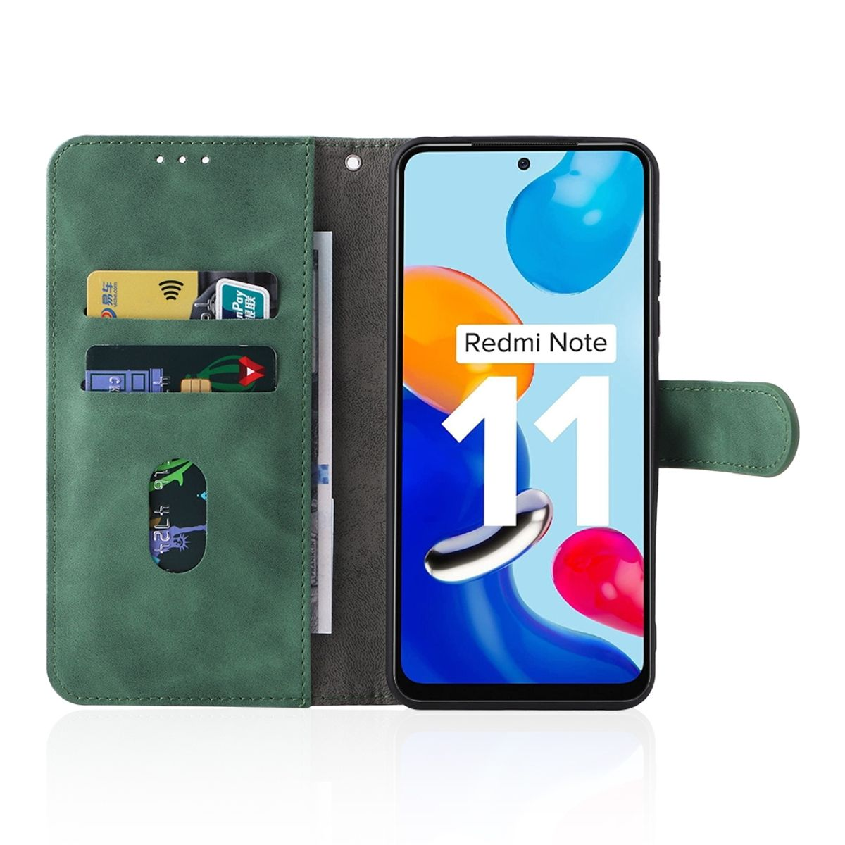 Grüne Handyhülle offen, mit Karten, Geld und einem Telefon, das den Redmi Note 11-Bildschirm anzeigt.