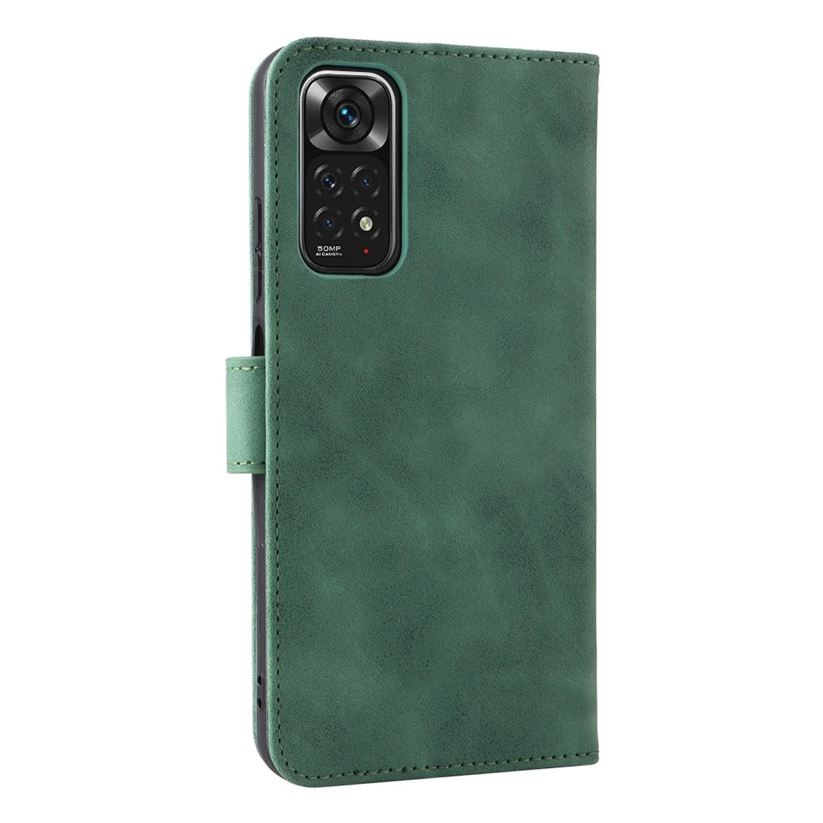 Grüne Handyhülle mit Telefon. Das Telefon hat eine Kamera auf der Rückseite. Grüne Abdeckung geschlossen.