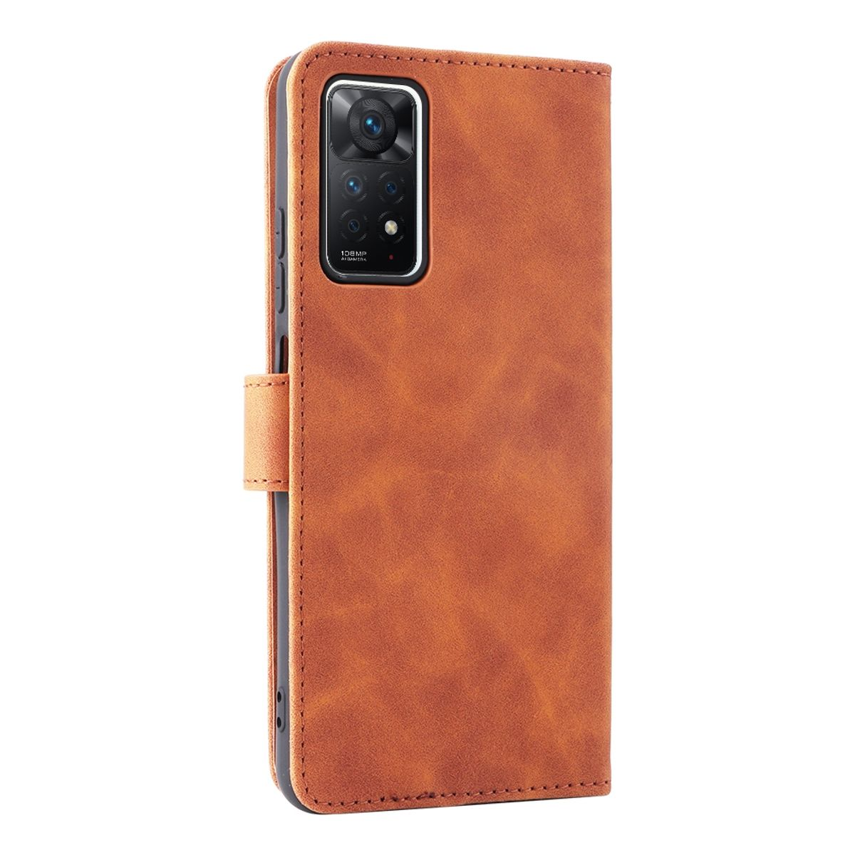Braune Handyhülle mit Magnetverschluss, Telefon und Kamera.