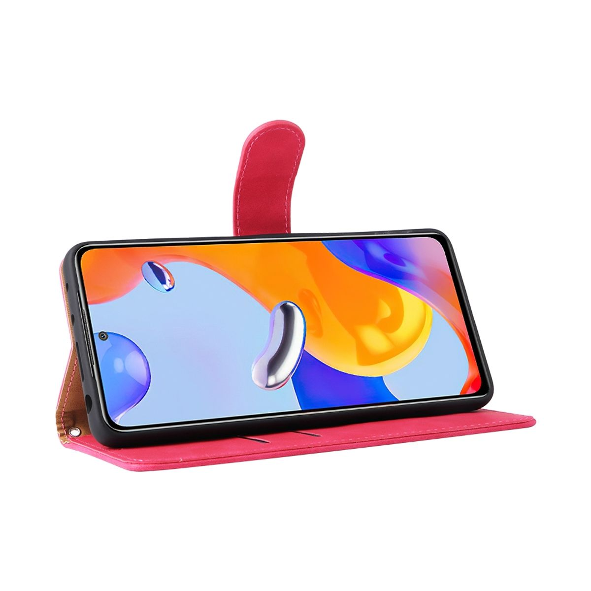 Rosa Handyhülle, offen mit Telefon. Das Telefon zeigt ein abstraktes orange-blaues Muster.